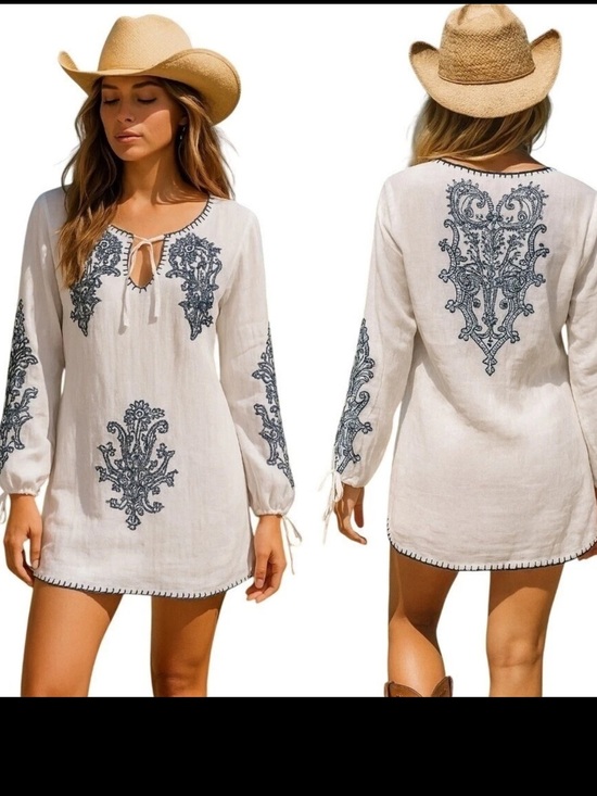 Monoreno Dresses & Skirts - Monoreno Embroidered Linen Tunic Dress White Navy Boho Western Medium